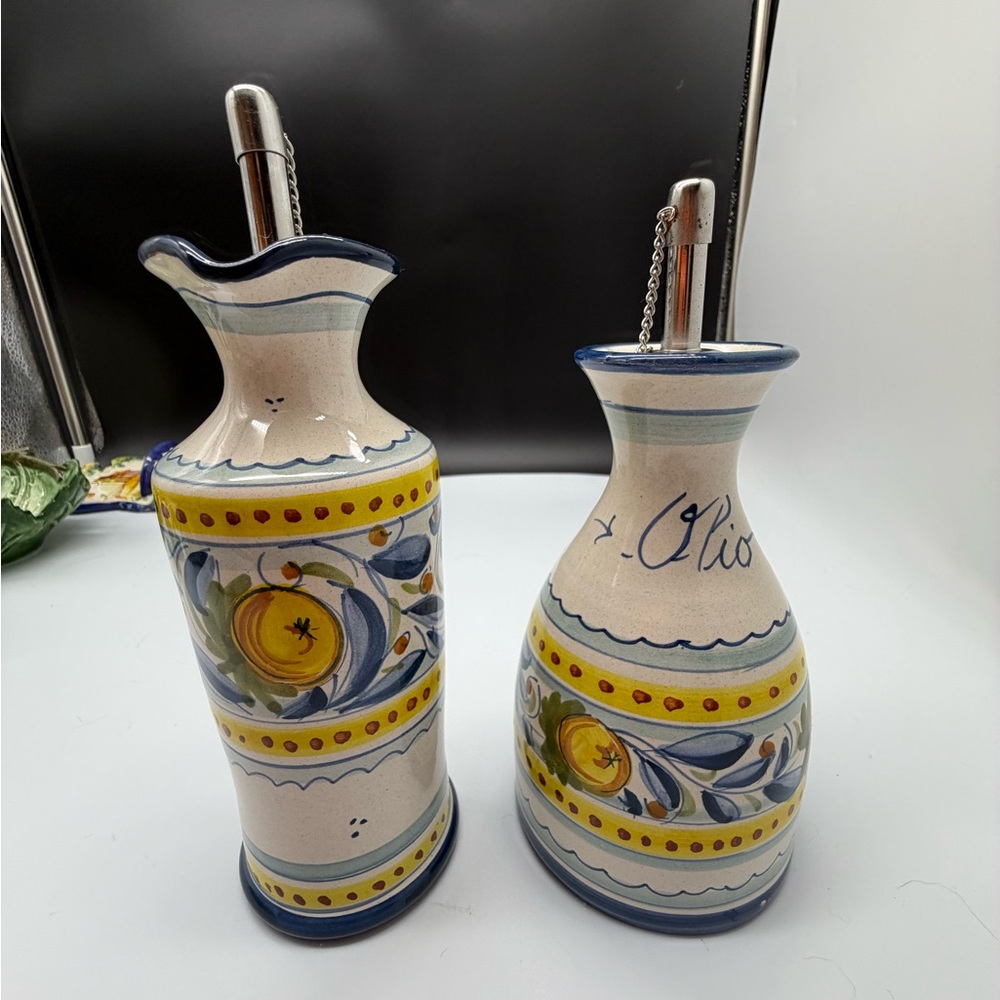 Hand-Painted Ceramic Olive Oil & Vinegar Set in Yellow and Blue